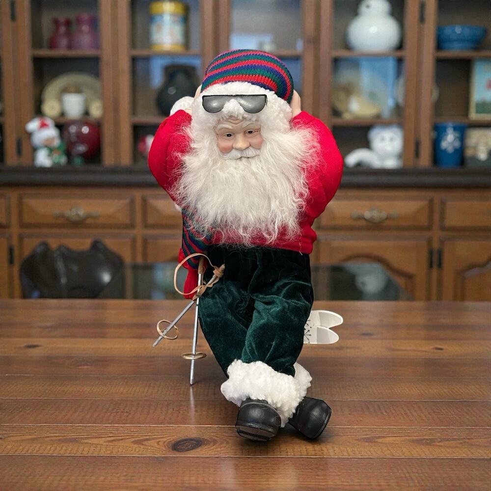 Vtg JCPenney Christmas Wipe Out Skier Santa 14” Figurine Beanie Sunglasses Hat
